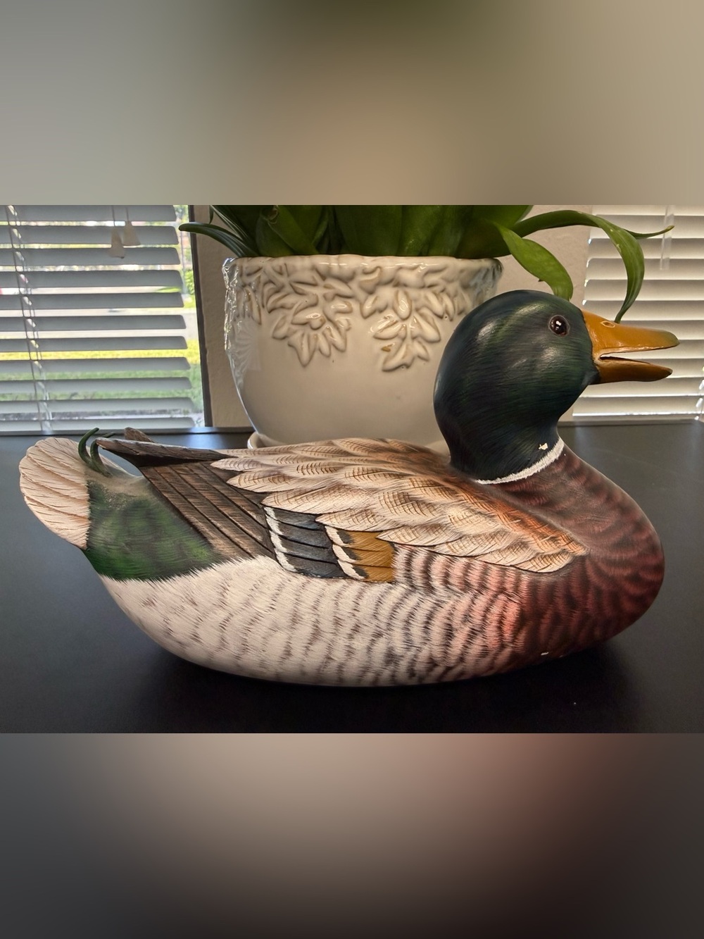 Vintage Hand-Painted  Mallard Duck Figurine - Green Head, Brown Body glass eyes